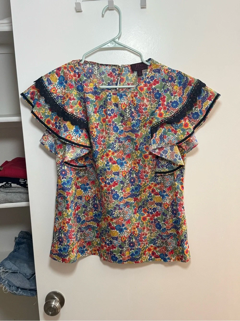 J. Crew Multicolor Floral Ruffle-Sleeve Blouse with Navy Trim